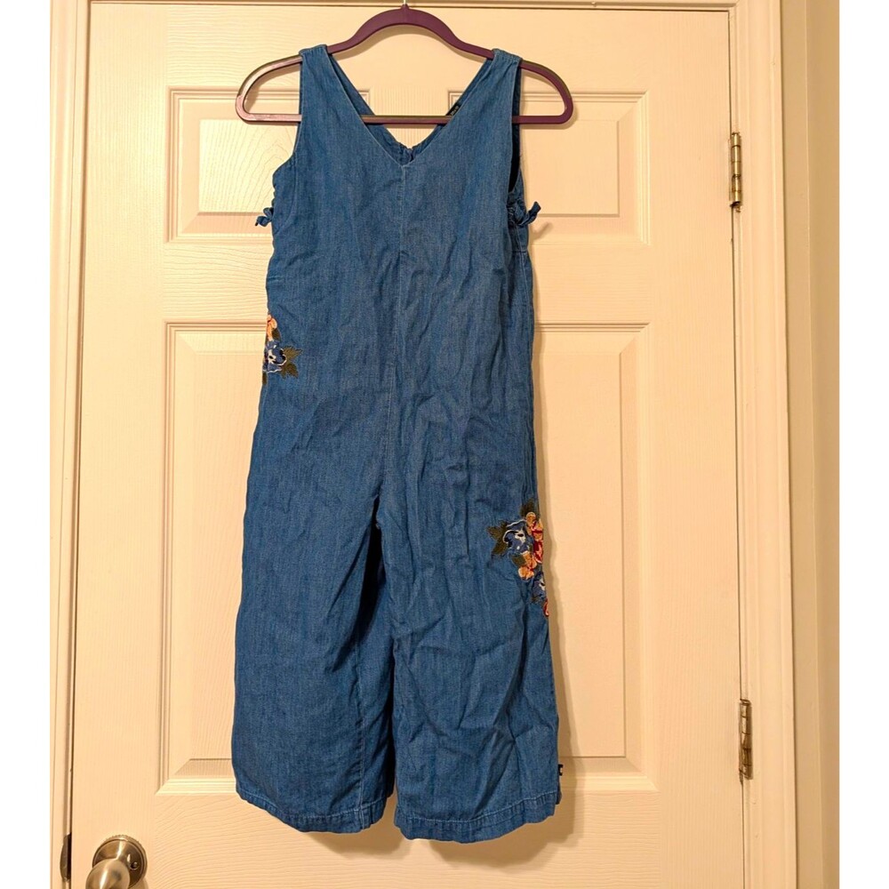 Lucky Brand Denim Capri Jumpsuit Floral Embroidered W/ Pockets M